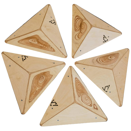 Five wooden climbing volumes with engraved designs